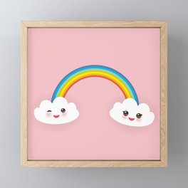 Kawaii funny white clouds, muzzle with pink cheeks and winking eyes, rainbow on light pink Framed Mini Art Print | Cartoon, Abstract, Cutie, Kawaii, Pop Art, Manga, Japanese, Clouds, Comic, Illustration 