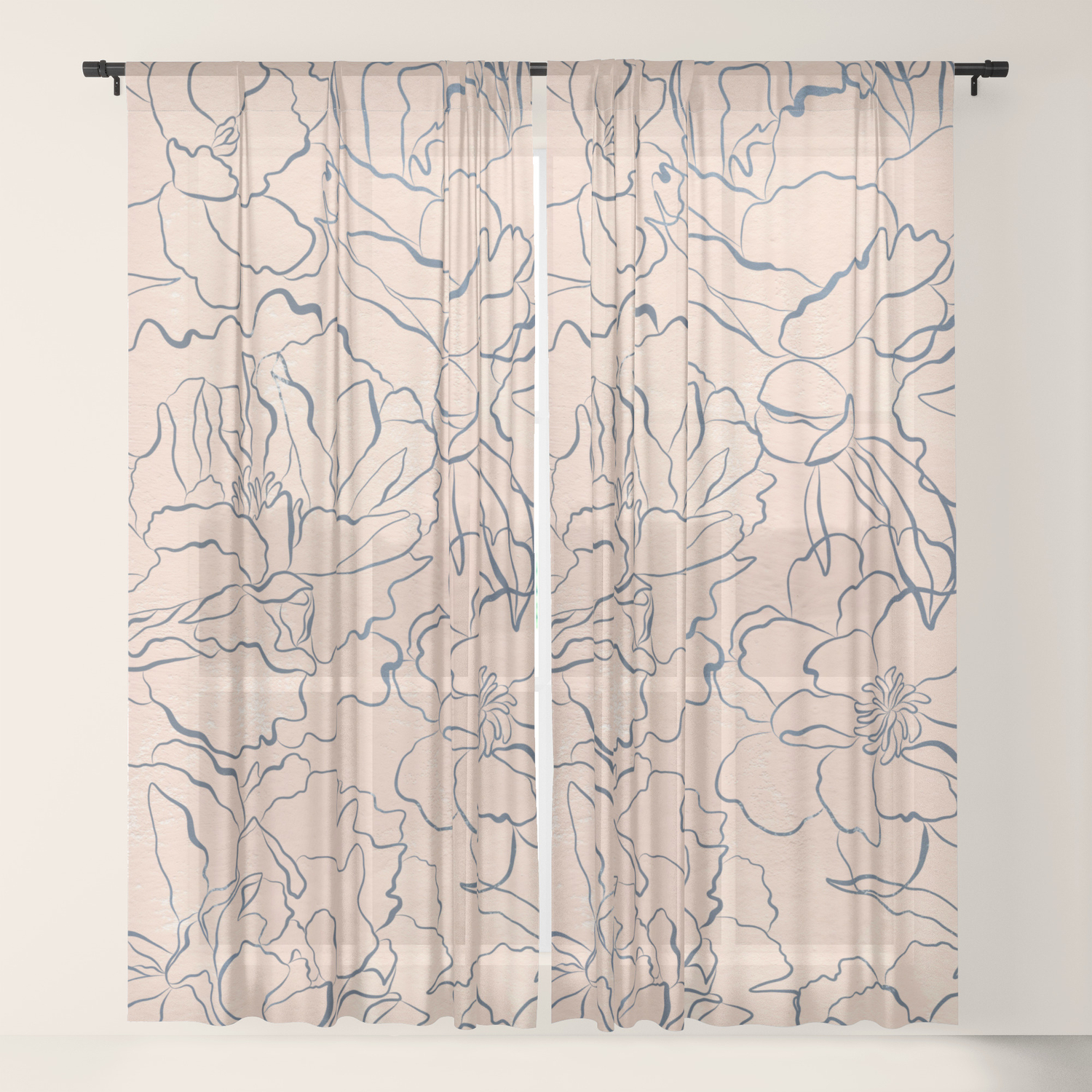 Modern Navy Blue Coral Watercolor Floral Illustration Sheer Curtain By Pink Water Society6
