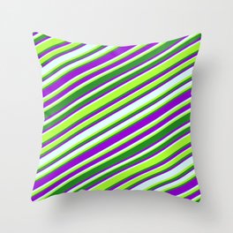 [ Thumbnail: Dark Violet, Light Cyan, Light Green & Forest Green Colored Lines Pattern Throw Pillow ]