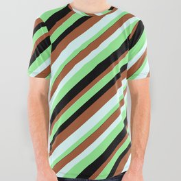 [ Thumbnail: Light Green, Black, Sienna, and Light Cyan Colored Lined Pattern All Over Graphic Tee ]