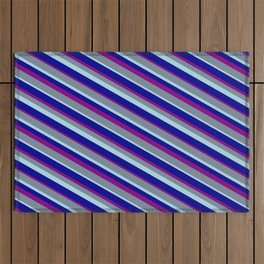 [ Thumbnail: Light Slate Gray, Light Blue, Dark Blue, and Purple Colored Lines/Stripes Pattern Outdoor Rug ]