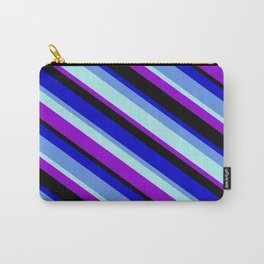 [ Thumbnail: Colorful Blue, Cornflower Blue, Turquoise, Dark Violet, and Black Colored Pattern of Stripes Carry-All Pouch ]