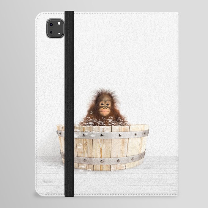 Monkey in a Wooden Bathtub, Baby Orangutan Taking a Bath, Bathtub Animal Art Print By Synplus iPad Folio Case