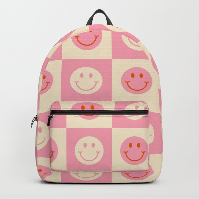 70s Retro Smiley Face Tile Pattern in Pink & Beige Backpack