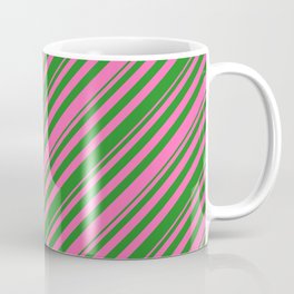 [ Thumbnail: Hot Pink and Forest Green Colored Stripes Pattern Coffee Mug ]