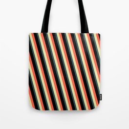 [ Thumbnail: Red, Pale Goldenrod, Dark Slate Gray, and Black Colored Lines Pattern Tote Bag ]