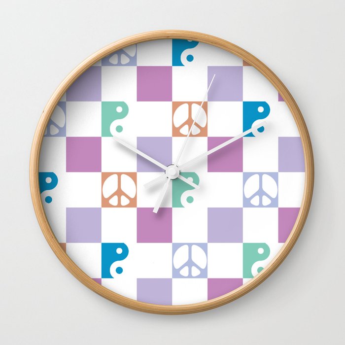 Checkered Peace Symbol & Yin Yang Pattern \\ Funky Multicolor Wall Clock
