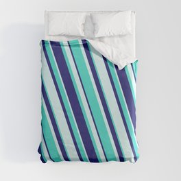 [ Thumbnail: Turquoise, Midnight Blue, and Light Cyan Colored Stripes/Lines Pattern Duvet Cover ]