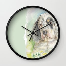 ENGLISH SETTER PUPPY Cute dog portrait on the dandelions meadow Wall Clock