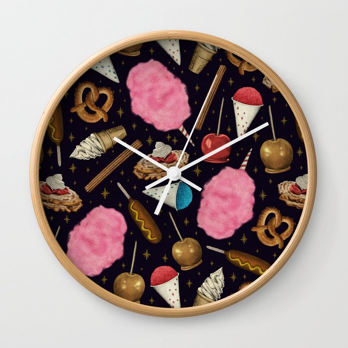 Carnival Food - Cotton Candy, Corn Dogs, Funnel Cakes, Pretzels Wall Clock