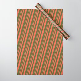 [ Thumbnail: Red and Dark Olive Green Colored Stripes Pattern Wrapping Paper ]