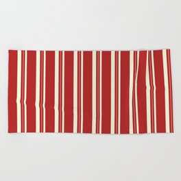 [ Thumbnail: Red and Beige Colored Lined Pattern Beach Towel ]