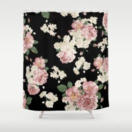 Pink roses on black background pattern. Shower Curtain