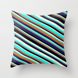 [ Thumbnail: Eye-catching Beige, Aqua, Chocolate, Midnight Blue, and Black Colored Lined Pattern Throw Pillow ]