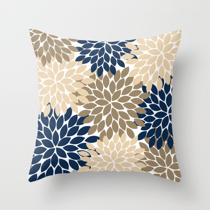 Dahlia Flower Navy Tan Beige Flower Burst, Flower Petals, Floral Pattern Throw Pillow