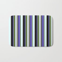 [ Thumbnail: Eyecatching Slate Blue, Dark Olive Green, Light Cyan, Grey & Black Colored Lines/Stripes Pattern Bath Mat ]