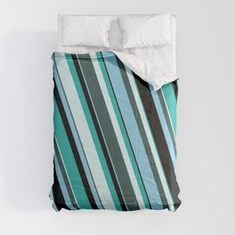 [ Thumbnail: Light Sea Green, Light Cyan, Dark Slate Gray, Sky Blue, and Black Colored Striped/Lined Pattern Comforter ]