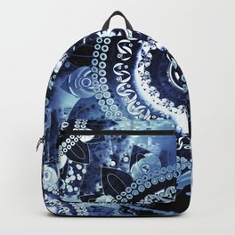 Navy Sea Mandala Backpack | Mixed Media, Abstract, Watercolor, Navy, Aquatic, Boho, Blue, Digital, Splatter, Floral 