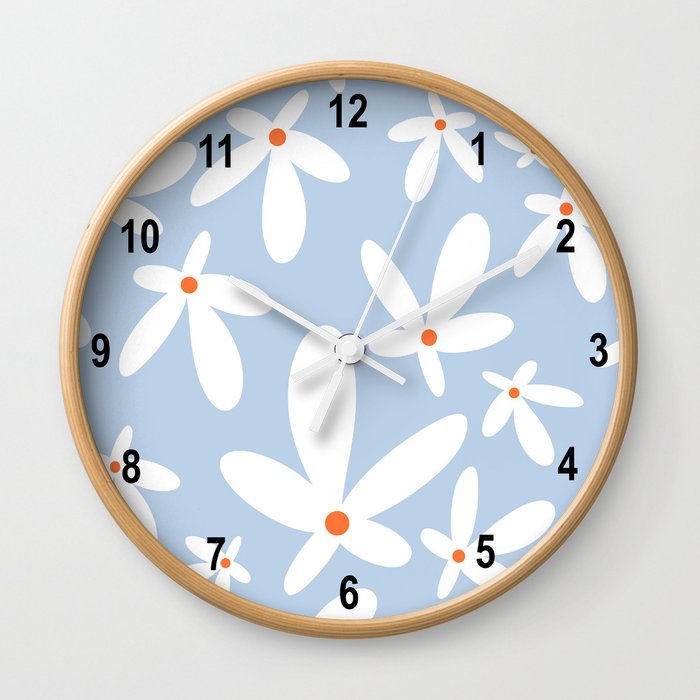 Quirky Floral in Light Blue, Orange and White Wall Clock