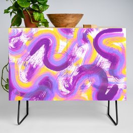 Wavy Squiggles Abstract Painting - Neon Purple, Lilac and Yellow Credenza