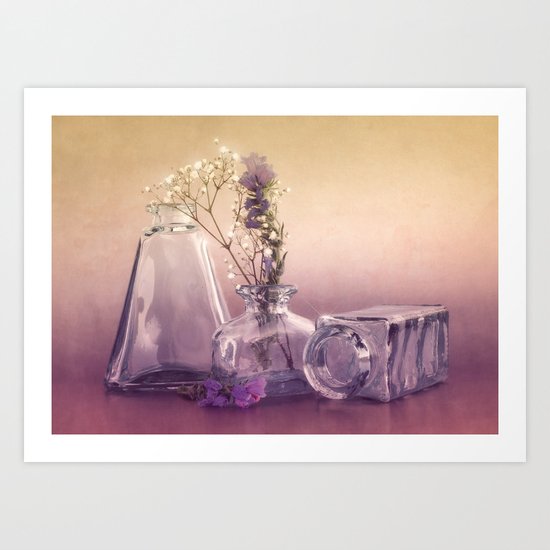 STILL LIFE with purple glass vases and flowers Art Print