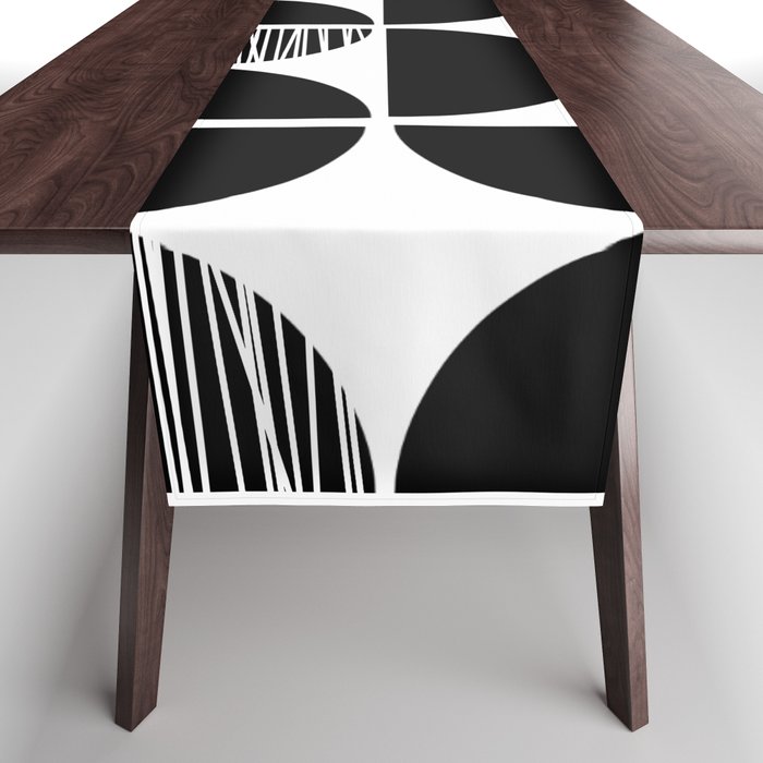 Black and white mid century shapes with stripes Table Runner