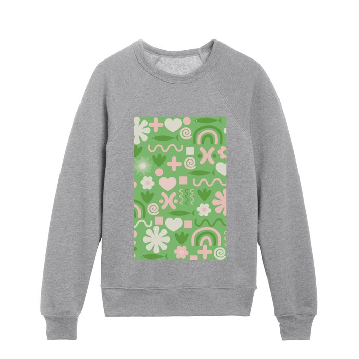 Natural Miscellany Pattern in Lime Green and Light Pink Kids Crewneck