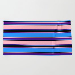 [ Thumbnail: Blue, Black, Light Pink & Indigo Colored Lines Pattern Beach Towel ]