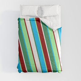 [ Thumbnail: Vibrant Green, Deep Sky Blue, Sea Green, White & Dark Red Colored Lines Pattern Comforter ]