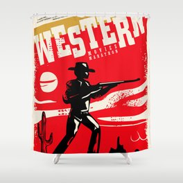 Western movies marathon retro poster design layout. Cinema festival. Vintage film poster with cowboy and wild west landscape.  Shower Curtain