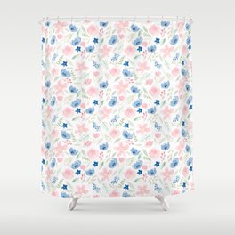 Blush Pink and Dusty Blue Watercolor Florals Shower Curtain