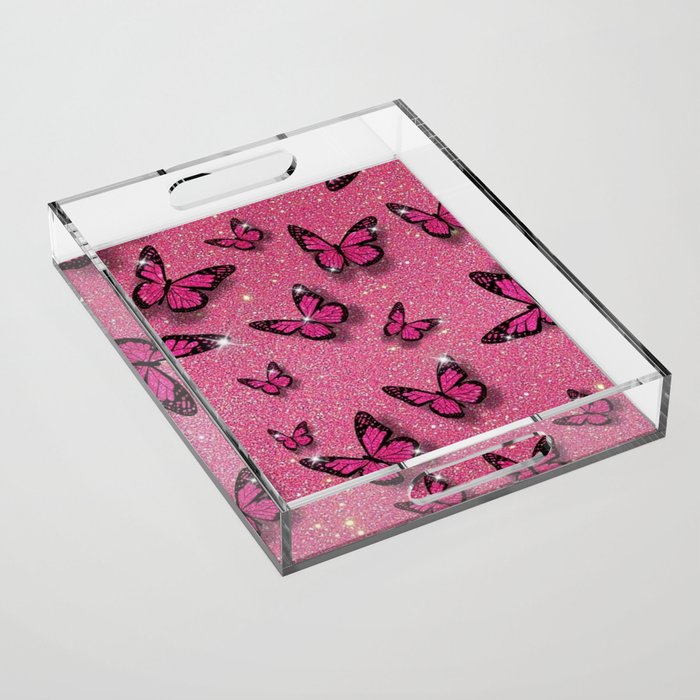 Cute Pink Butterfly on Glitter Aesthetic Background Acrylic Tray