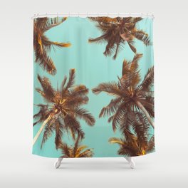 Tropical palm tree with blue sky and cloud abstract background. Summer vacation and nature travel adventure concept. Pastel tone filter effect color style.  Shower Curtain