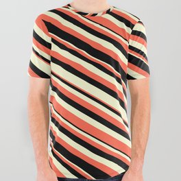 [ Thumbnail: Red, Black & Light Yellow Colored Striped Pattern All Over Graphic Tee ]