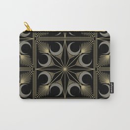 Art Deco Starburst Moon and Fan // Silver Black and Gold // Eight Pointed Star Tile Illustration Carry-All Pouch