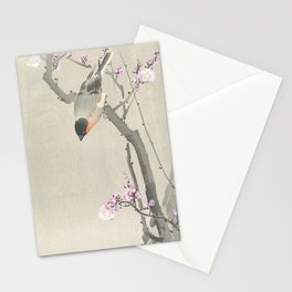 Bird Sitting on a Blossomed Peach Tree - Vintage Japanese Woodblock Print Art Stationery Card