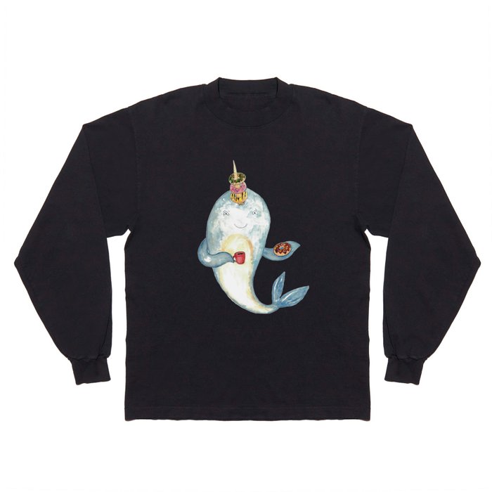 Narwhal whale with dohnut watercolor painting  Long Sleeve T Shirt