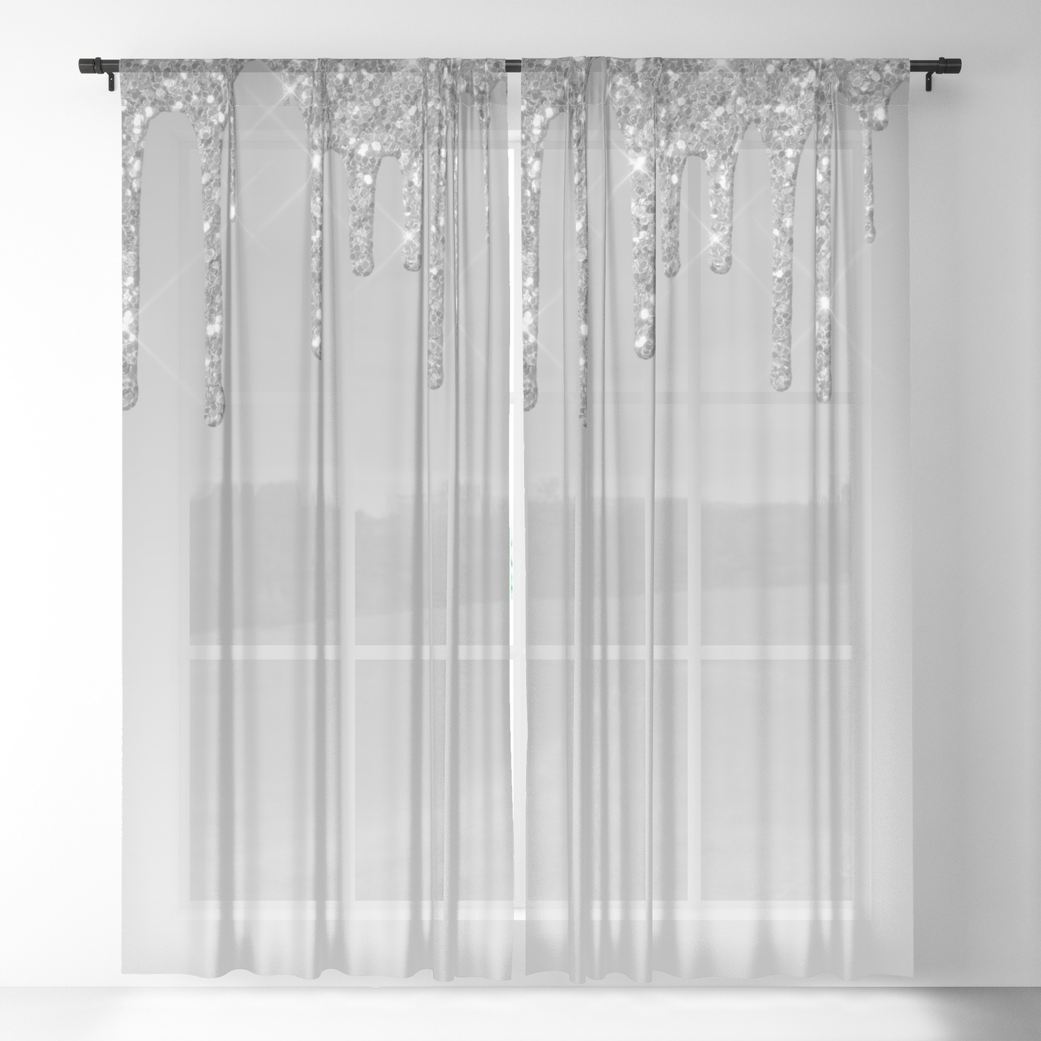 Silver Glitter Drips Sheer Curtain, Sheer Silver Curtains