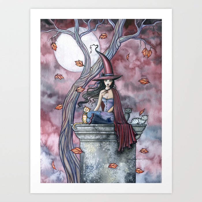 October Winds Fantasy Witch And Cats Halloween Art Art Print By Mollyharrisonart