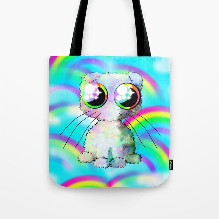 curly kawaii pet on rainbow and cloud background Tote Bag