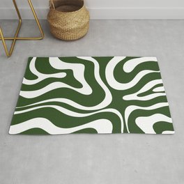Retro Modern Liquid Swirl Abstract Pattern in Deep Green and White Area & Throw Rug
