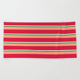 [ Thumbnail: Light Salmon, Crimson, White & Dark Green Colored Striped Pattern Beach Towel ]