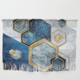 Art Deco Midnight Blue + Gold + White Marble Abstract Geometry Wall Hanging