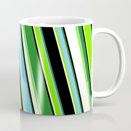 [ Thumbnail: Colorful Forest Green, Light Sky Blue, Green, White, and Black Colored Pattern of Stripes Coffee Mug ]