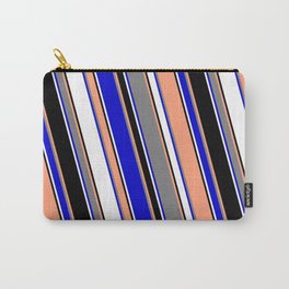 [ Thumbnail: Vibrant Light Salmon, Gray, Blue, White & Black Colored Lined/Striped Pattern Carry-All Pouch ]