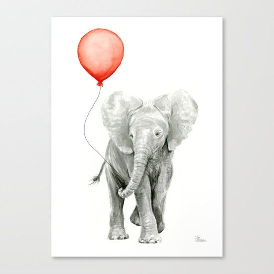 Baby Elephant Watercolor Red Balloon Nursery Decor Canvas Print