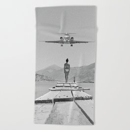 Steady As She Goes; aircraft coming in for an island landing black and white photography- photographs Beach Towel