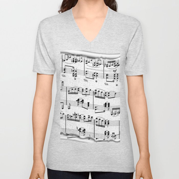 Stylized Music Paper Partition Pattern V Neck T Shirt