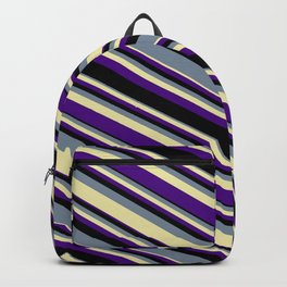 [ Thumbnail: Light Slate Gray, Pale Goldenrod, Indigo, and Black Colored Lined/Striped Pattern Backpack ]