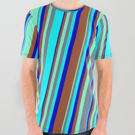 [ Thumbnail: Colorful Aquamarine, Slate Gray, Cyan, Blue & Sienna Colored Striped/Lined Pattern All Over Graphic Tee ]